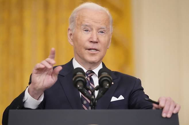 조 바이든 미국 대통령이 22일 워싱턴 백악관 이스트룸에서 러시아에 대한 새로운 제재를 발표하고 있다./UPI 연합뉴스