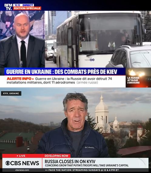 ▲프랑스 BFMTV와 미국 CBS 우크라이나 사태 관련 보도화면 갈무리