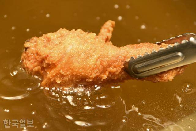 지난달 4일 서울의 한 치킨 프랜차이즈 가맹점에서 치킨을 튀기고 있다. 한지은 인턴기자