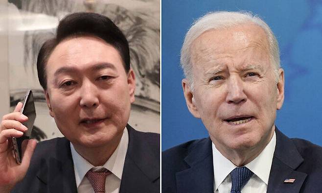 윤석열 대통령 당선인(왼쪽), 조 바이든 미국 대통령. 연합뉴스, AP연합뉴스