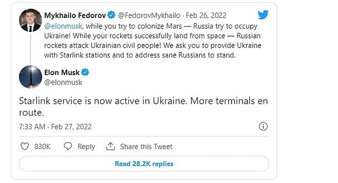 지난달 말 우크라이나의 미하일로 표도로프 장관과 일론 머스크 스페이스엑스 최고경영자가 주고받은 트윗.