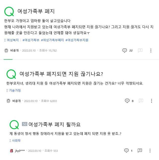 14일 포털사이트 네이버의 지식공유 서비스 지식인에 여성가족부가 폐지될 경우 각종 지원정책 역시 없어질 수 있음을 우려하는 누리꾼의 질문이 이어지고 있다. 네이버 지식인