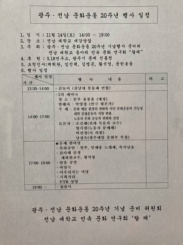 ▲1998년 광주문화운동 20주년 기념 준비 기획안, 세미나는 하나도 듣지 못했지만 탈춤반의 역사가 광주문화운동의 역사라는 것, 그리고 동시대 광주문화운동에 대한 진단과 모색이 시작된 행사 ⓒ한재섭