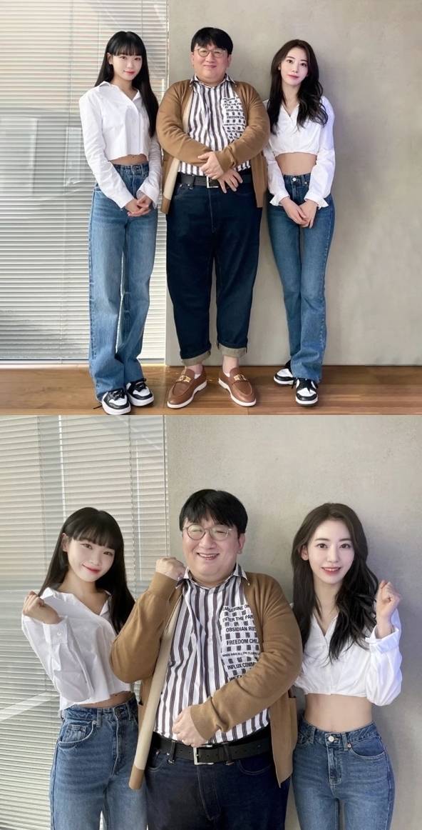 왼쪽부터 김채원, 방시혁, 미야와키 사쿠라/방시혁 공식 SNS