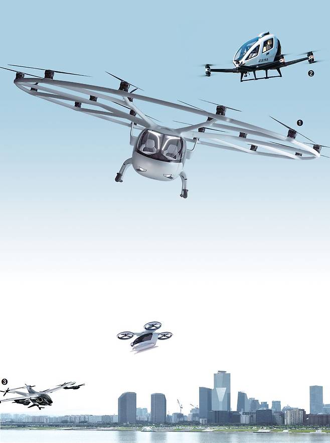 상용화가 2~3년 앞으로 다가온 도심 항공 교통(UAM) 시대를 맞아 전기 배터리로 수직 이착륙할 수 있는 항공기인 eVTOL 개발이 앞다퉈 이뤄지고 있다. ①독일 볼로콥터의 '볼로시티'와 ②중국 이항의 '이항216', ③에어버스의 '시티에어버스 넥스트젠'. /볼로콥터·이항·에어버스