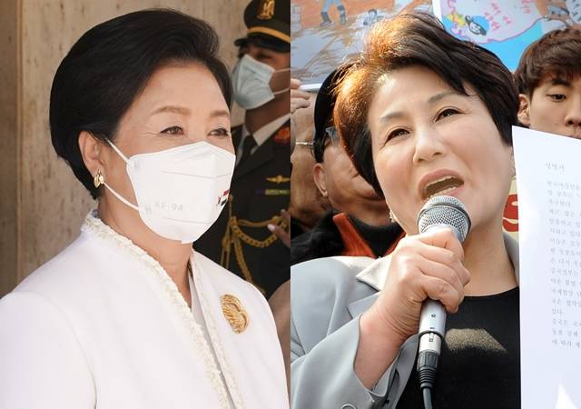 김정숙 여사(왼쪽 사진)과 전여옥 전 새누리당(국민의힘의 전신) 의원. 뉴시스