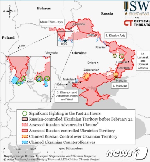 전쟁 시작 후 러시아가 점령한 지역들을 표시한 지도. 붉은색 영역이 실제 러시아군이 점령한 지역이다. 반면 마리우폴의 경우 아직 러시아군이 우크라이나군의 반격으로 인해 아직 점령하지 못했다.(미국 전쟁 연구소 홈페이지 갈무리)© 뉴스1
