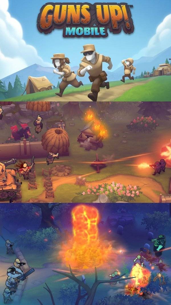 NHN빅풋이 밀리터리 전략 모바일게임 ‘건즈업! 모바일’로 2022년 시장 공략의 포문을 열었다. 전략적 재미와 타격감까지 갖춘 ‘건즈업! 모바일’ 대표 이미지와 스크린샷. 사진제공|NHN빅풋