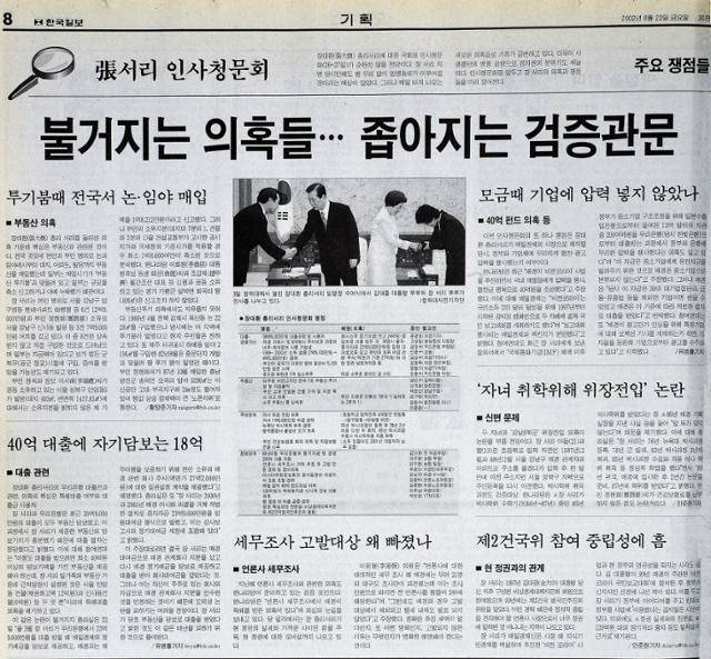 2002년 8월 23일자 한국일보 2면. 국무총리 인사청문회를 앞둔 장대환 서리에게 자녀 위장전입 등 8개 의혹이 지적됐다.