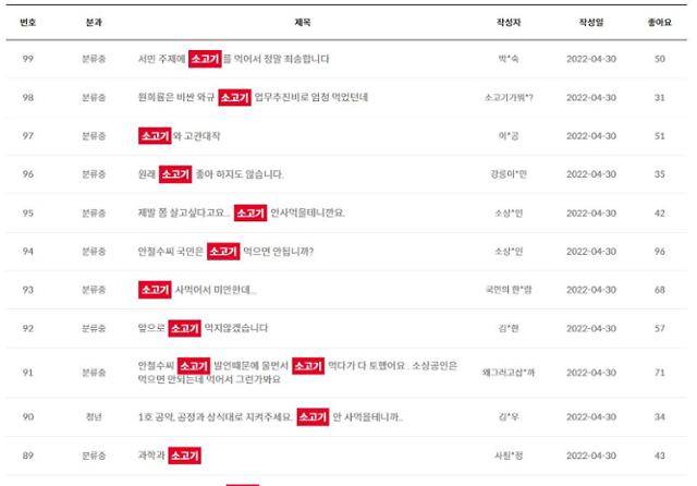 대통령직인수위원회 홈페이지 국민 참여 게시판에서 확인할 수 있는 '소고기' 키워드 검색 결과. 게시물 대부분이 안철수 인수위원장의 '소고기 발언'을 비꼬고 있다.
