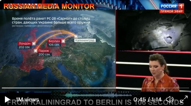러시아 국영TV 채널 1의 핵 시뮬레이션 관련 영상 트위터 갈무리