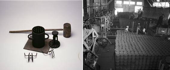 구멍이 19개인 무연탄(십구공탄)을 만드는 틀과 집게(왼쪽). 십구공탄은 무연탄분과 석회(진흙)를 섞어 틀 위에 올리고 망치로 두들겨 구멍을 내 만든다. 이후 서늘한 곳에서 말린 후 판매했다. 오른쪽은 1963년 청량리의 연탄공장에서 연탄이 생산되는 모습. 국립민속박물관·서울기록원 제공