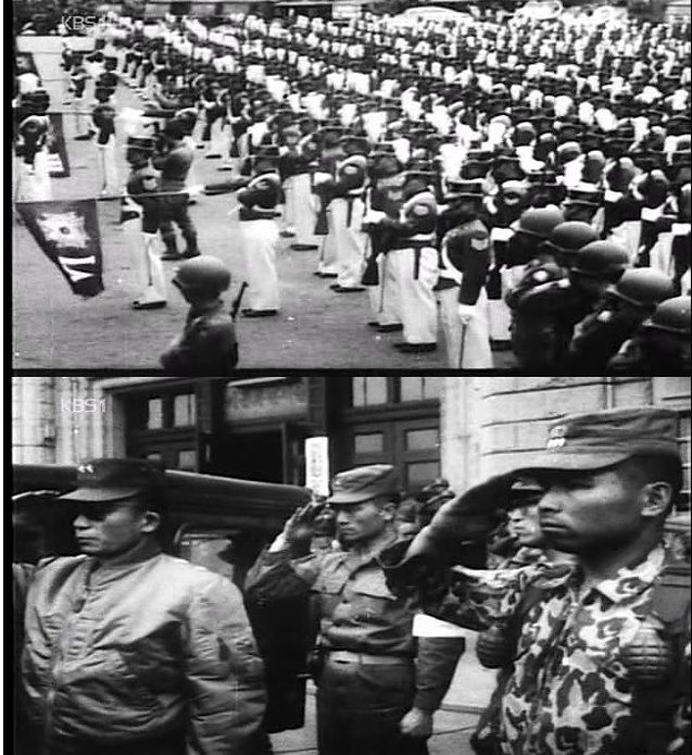 5.16 이틀 후인 1961년 5월 18일, 육군사관학교 생도들의 지지 시위(사진 위)가 벌어졌다. 박정희 소장을 비롯한 5.16 혁명군 수뇌부가 이에 경례로 답하고 있다(사진 아래)./조선일보DB