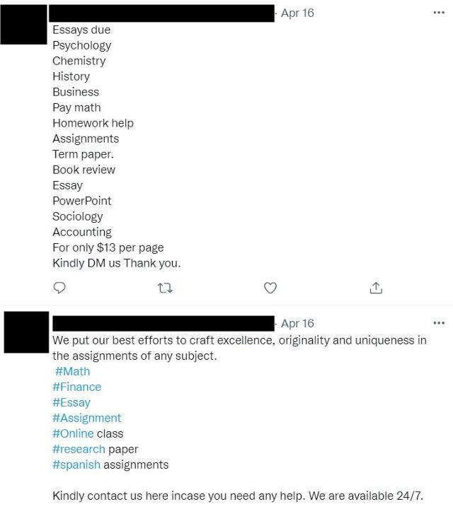 사회관계망서비스(SNS)에서 확인할 수 있는 '과제 대행' 광고의 예시. 트위터 캡처