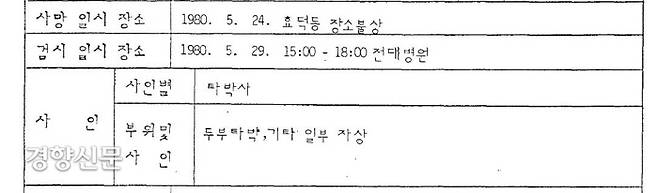 5·18진상규명조사원회가 지난 12일 ‘무명 시민군은 김종철’ 이라고 밝혔다. ‘김군’은 1980년 5월24일 계엄군의 즉결처형으로 머리 부분에 총을 맞고 숨진 것으로 알려져 있다.  하지만 5·18 직후 진행된 김씨의 검시조서에는 사인을 ‘타박사’로 기록돼 있다. 경향신문 자료.