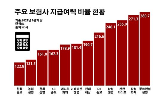 주요 보험사 지급여력 비율 현황.ⓒ데일리안 부광우 기자