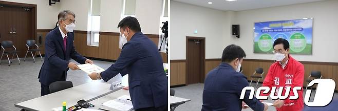 경남도교육감 선거에 출마한 박종훈 현 경남도교육감(왼쪽)과 김상권 전 경남도교육청 교육국장이 지난 12일 경남선거관리위원회를 방문해 본 후보 등록을 하고 있다.(박종훈.김상권 후보 측 제공)© 뉴스1