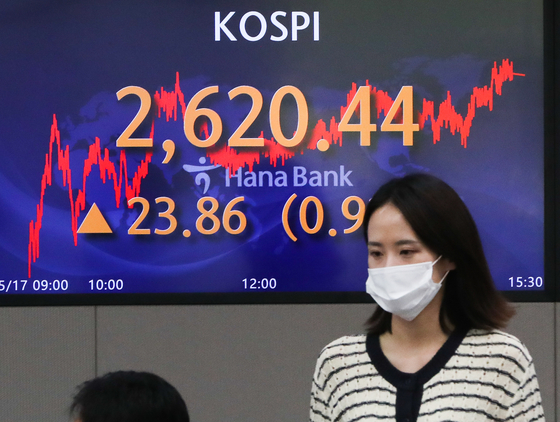 A screen in Hana Bank's trading room in central Seoul shows the Kospi closing at 2,620.44 points on Tuesday, up 23.86 points, or 0.92 percent, from the previous trading day. [NEWS1]