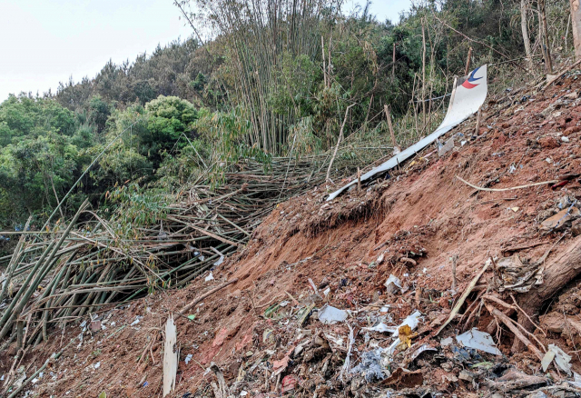21일 중국 남부 광시좡족자치구 우저우시 텅현 산 중턱에서 3월에 추락한 중국 동방항공 여객기의 잔해가 발견됐다.AFP연합
