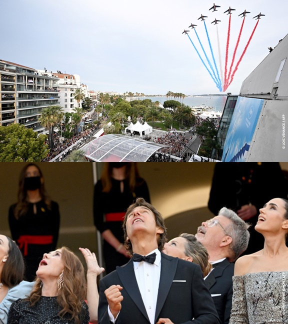 칸 국제영화제 에어쇼 (위)와 즐겁게 바라보는 톰 크루즈 / 사진=Festival de Cannes