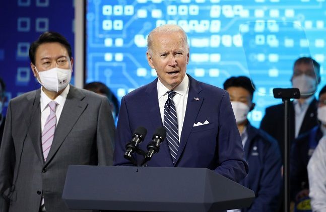 조 바이든 미국 대통령이 20일 경기 평택 삼성전자 반도체 공장 시찰을 마친 후 연설하고 있다. ⓒ뉴시스