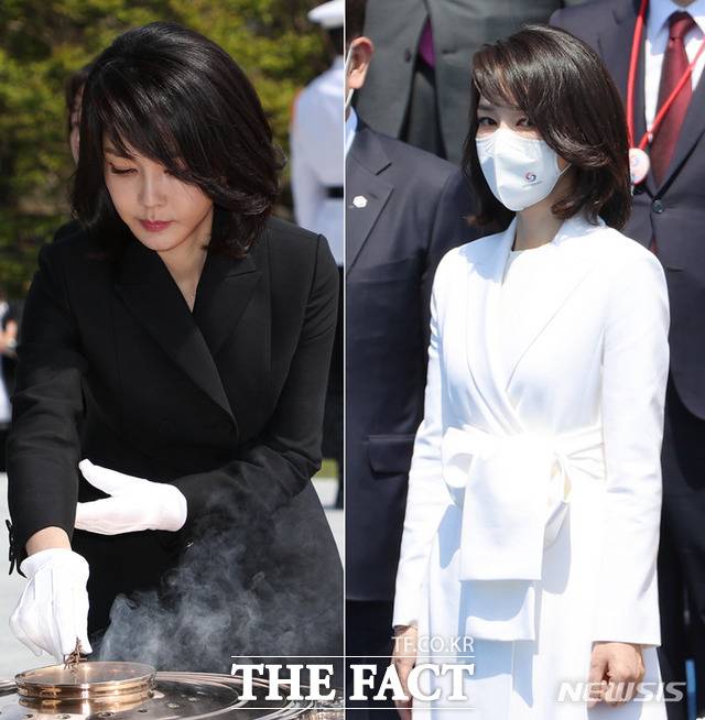 김 여사가 지난 10일 현충원 참배와 윤 대통령 취임식에서 입은 검은색 자켓과 흰색 원피스. /뉴시스