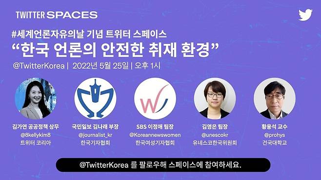 한국기자협회 등은 25일 트위터 스페이스를 통해 ‘한국 언론의 안전한 취재 환경’에 관한 논의의 자리를 마련했다. 트위터 갈무리