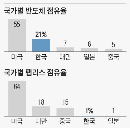IC인사이츠(2020년)의 본사 소재지별 반도체 점유율에서 한국은 미국(55%)에 이어 2위(21%)였지만, 팹리스 한정의 세계 반도체 점유율은 1%로, 미국(64%)·대만(18%)·중국(15%) 등과 비교하기 어렵다.