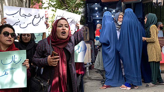 항의 시위를 하는 아프간 여성들(좌)/부르카를 입은 아프간 여성들(우)