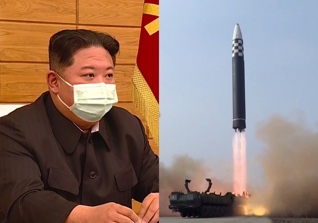 마스크를 낀 김정은 북한 국무위원장(왼쪽 사진). 오른쪽 사진은 북한이 지난 3월 시험 발사한 대륙간탄도미사일(ICBM) 화성 17형. 조선중앙TV 캡쳐, 뉴시스
