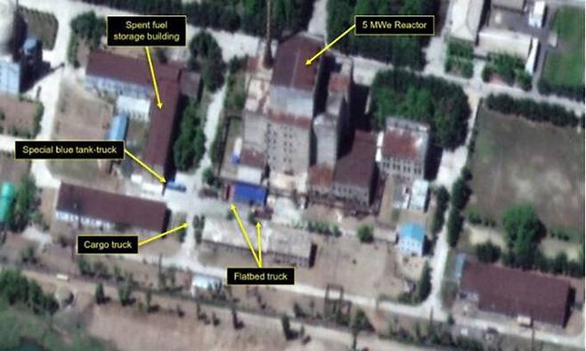 지난 14일 미국 상업위성업체 맥사 테크놀러지스가 촬영한 북한 영변 5MW 원자로 주변 위성사진. 38노스 캡처