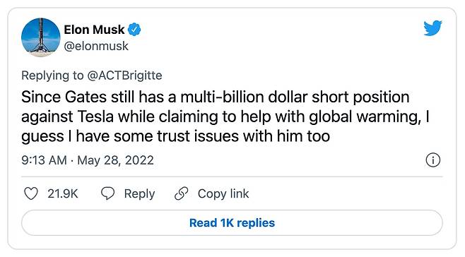 일론 머스크가 자신의 트위터에 올린 글. 테슬라 주식을 공매도한 빌 게이츠가 대규모 손실을 볼 처지가 됐다고 주장했다. /트위터 캡쳐
