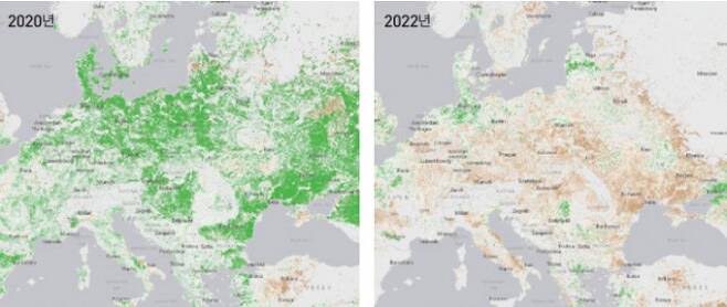 올해 4월(오른쪽)과 2020년 4월(왼쪽) 유럽과 우크라이나 일대의 정규 식생 지수(NDVI) 데이터. 올해에는 NDVI(초록색)가 낮아지며 해당 지역의 식물 생장률이 크게 떨어진 것을 알 수 있다. 지오글램 제공