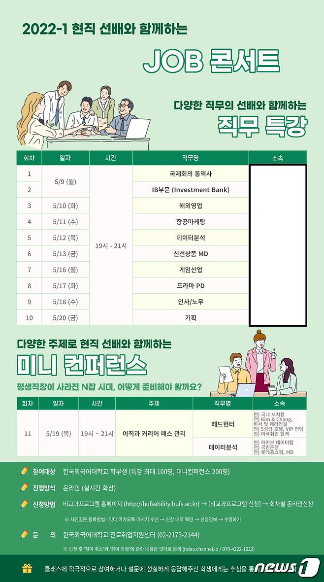 한국외대 대학일자리플러스센터 '2022학년도 1학기 현직 선배와 함께하는 JOB 콘서트' 안내 포스터. (한국외대 제공) © 뉴스1