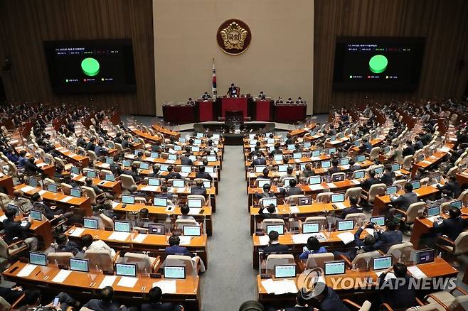 추경안 본회의 통과 (서울=연합뉴스) 하사헌 기자 = 29일 서울 여의도 국회에서 열린 397회(임시회) 제4차 본회의에서 '2022년도 제2회 추가경정예산안'이 통과되고 있다. 2022.5.29 [국회사진기자단] toadboy@yna.co.kr