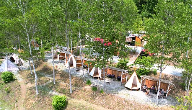 ‘나는 숲이다’의 ‘불멍’사이트. 자작나무 숲 사이에 인디언 텐트와 휴식공간을 마련해 놓았다.