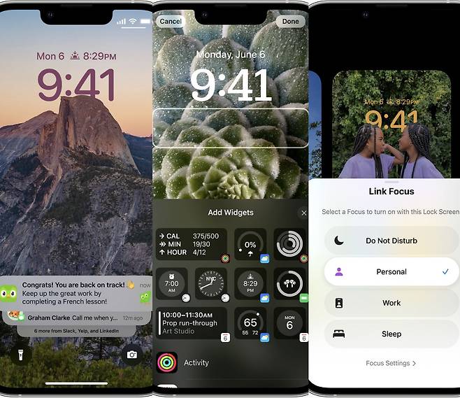 애플이 6일(현지 시각) 미국 실리콘밸리 쿠퍼티노 애플파크에서 개최한 세계개발자컨퍼런스(WWDC)에서 아이폰 새 운영체제 ‘iOS 16’를 선보였다. 애플은 iOS 16에 사용자가 잠금 화면을 개인화할 수 있도록 여러 기능을 추가했다고 밝혔다. /애플