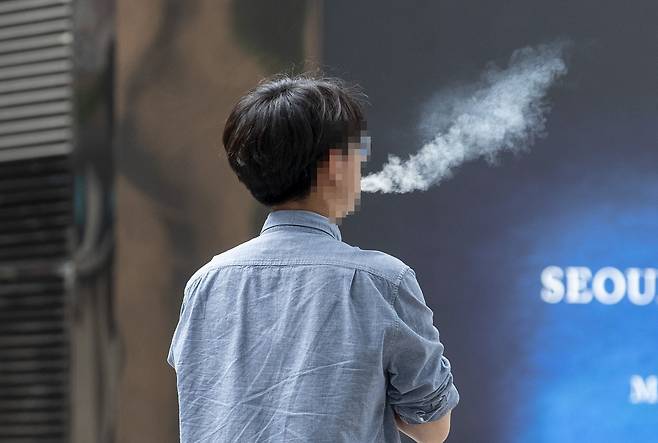 서울 시내 금연구역에서 한 흡연자가 담배를 피우고 있다. /김지호 기자