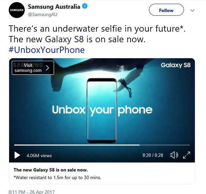 삼성전자 호주법인이 진행한 갤럭시S8 방수 기능 관련 광고 캠페인