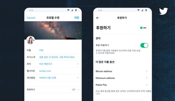 트위터가 ‘후원하기(Tips)’ 기능의 결제 서비스에 카카오페이를 추가했다고 23일 밝혔다. 트위터 제공