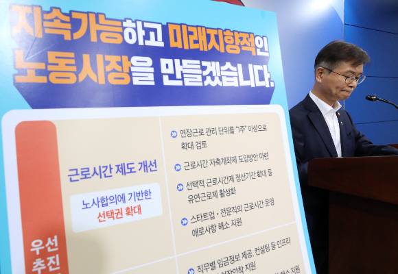 이정식 고용노동부 장관이 23일 오전 세종시 정부세종청사에서 노동시장 개혁 추진방향을 발표하고 있다. / 사진=뉴시스 강종민 기자
