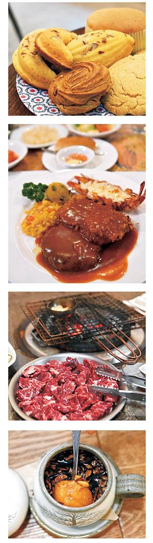 위 사진부터 ‘독일제빵’의 옛날 빵. ‘함지 레스토랑’의 정식 메뉴. 뒷골목의 고깃집 ‘정선달’의 토시살 구이. 중앙로 지하상가의 ‘추억의 옛 다방’이 내놓는 쌍화차. 달걀노른자까지 넣은 쌍화차가 3000원이다.