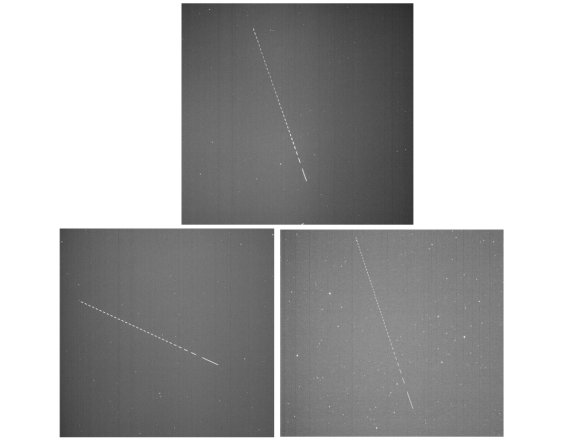 누리호 발사체 3단(위쪽 사진)과 더미위성(아래 왼쪽 사진), 성능검증위성이 OWL-Net에 포착됐다. 천문연구원 제공