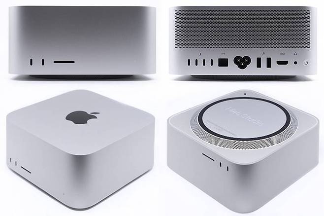 맥 스튜디오 전면과 후면, 상단 및 하단. 하단에는 흡기 구조가 적용돼있다. 출처=IT동아