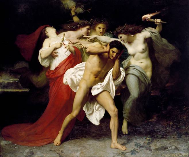 윌리엄 아돌프 부그로의 ‘복수의 여신에게 쫓기는 오레스테스’(1862). 어머니를 살해한 뒤 복수의 여신에게 쫓기던 오레스테스는 아테네 여신에게 도움을 구한다.