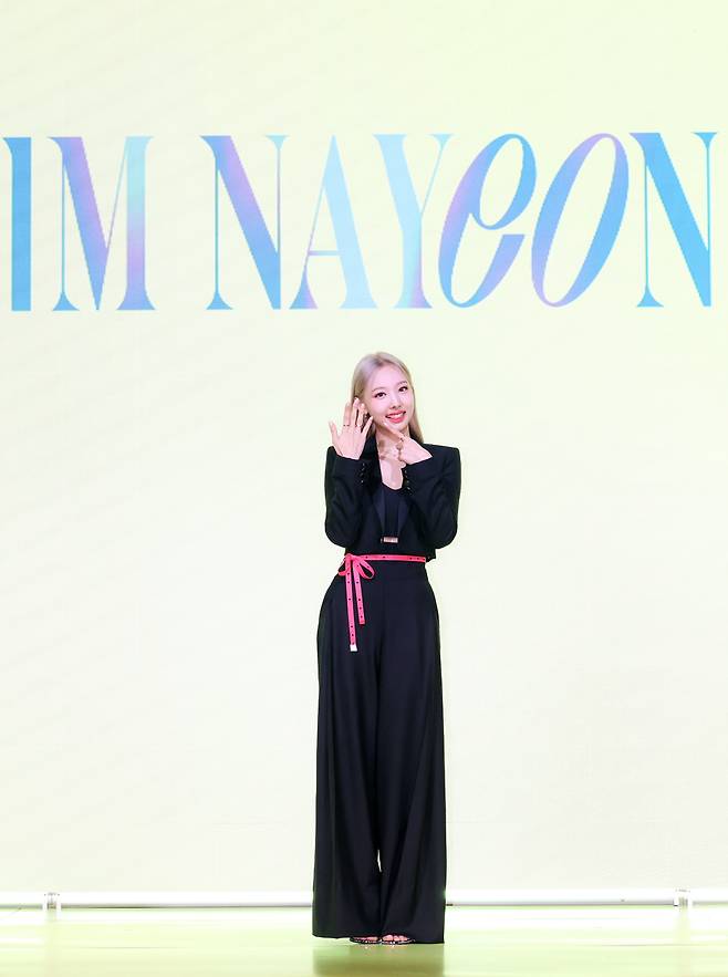 Nayeon of Twice holds a press conference about her solo debut EP “Im Nayeon” in Seoul on Friday. (JYP Entertainment)