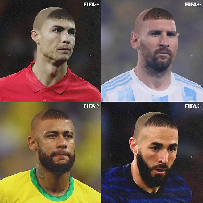 2002 한일 월드컵 당시 화제를 모았던 호나우두의 '깻잎 머리'로 합성된 크리스티아누 호날두, 리오넬 메시, 네이마르, 카림 벤제마 / 사진=피파 월드컵 트위터 캡처