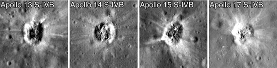 1970년대 아폴로 프로그램 당시 사용됐던 로켓들이 만들어 낸 달 표면의 충돌구. 지난 3월4일 발생한 우주쓰레기 충돌로 인한 충돌구가 이중 원형인 반면 이들은 모두 한 개의 원형으로 형성됐다. 사진 출처=미 항공우주국(NASA).