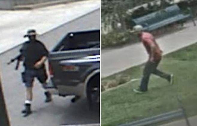 왼쪽이 지난해 6월 21일(현지시간) 미국 콜로라도주의 한 쇼핑가에서 총기를 난사하던 로널드 트로이키, 오른쪽이 그를 제압하고도 억울하게 경관의 총격을 받고 애꿎게 희생된 자니 헐리.아바다 경찰서 제공