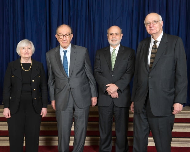 980년대 이후 Fed 의장들(왼쪽부터 옐런,그린스펀, 버냉키,볼커). 사진=Fed